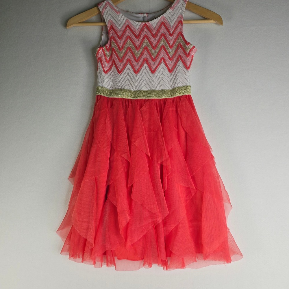 Emily West Girls Size 8 Coral Chevron Tulle Tiered Party Dress Gold Waist